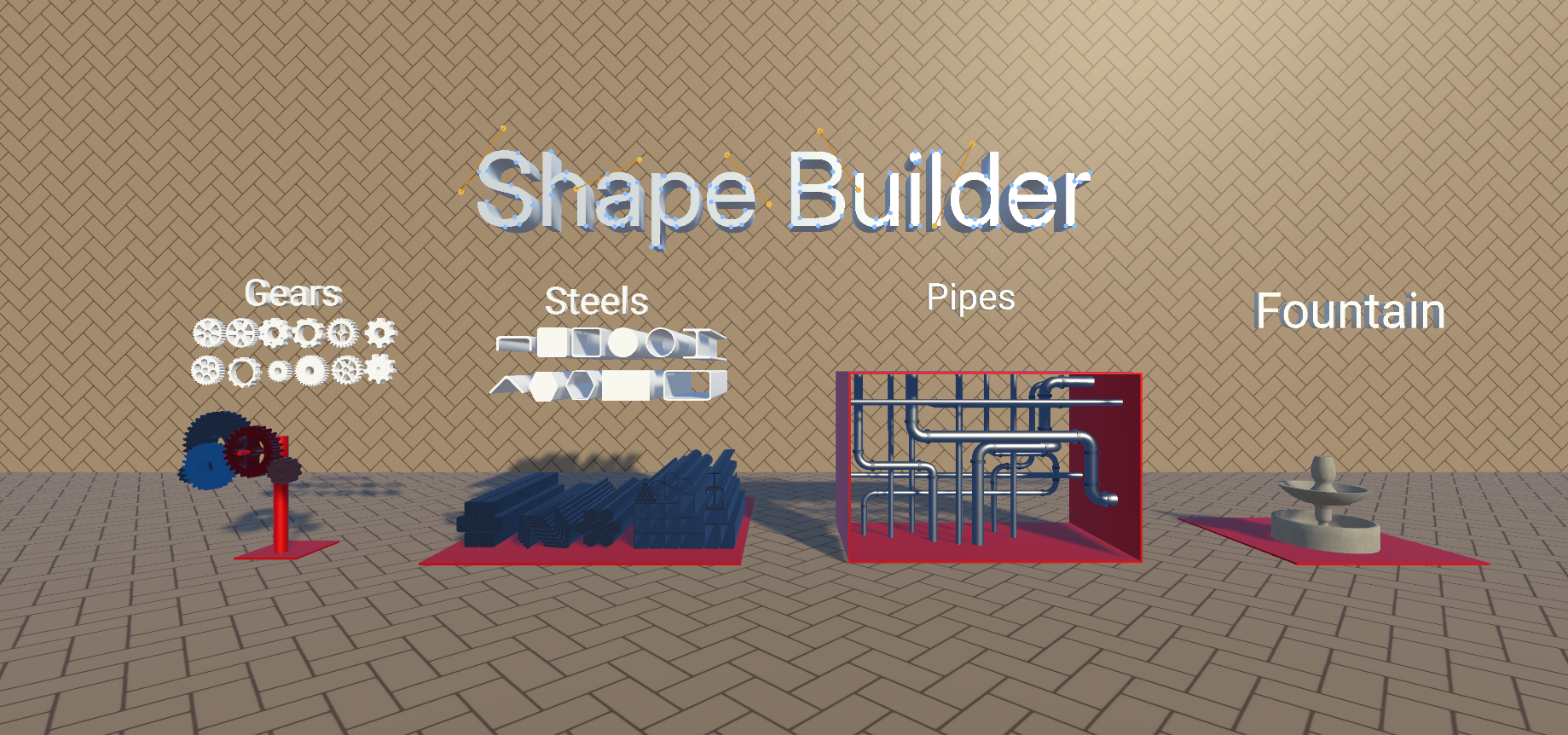 ShapeBuilder meshes, gears, pipes and fountain