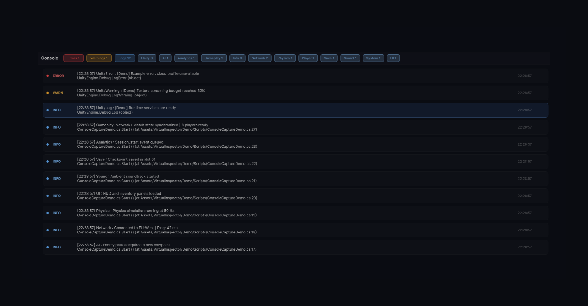 Virtual Inspector runtime console showing filtered Unity logs
